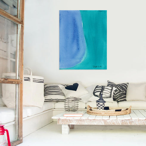 Color Note 2 multicolor blue wall art print with black and white square throw pillows on couch by Kerri Rosenthal