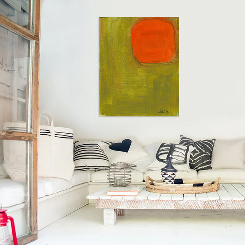 Color Note 3 multicolor wall art print with black and white square throw pillows on couch by Kerri Rosenthal