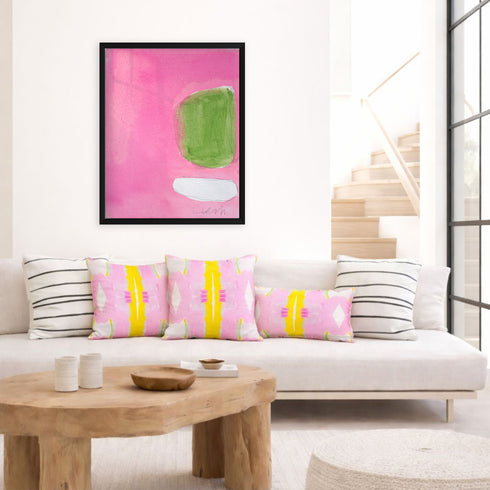 Color Note 5 pink abstract wall art print with decorative throw pillows for living room by Kerri Rosenthal