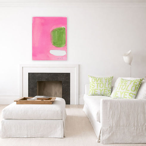 Color Note 5 pink abstract wall art print with square decorative throw pillows on couch by Kerri Rosenthal