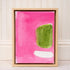 Framed abstract art with pink, green, and white on a wooden panel background