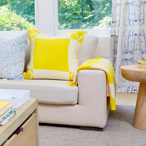 Core Imperfect Heart Throw Pillow in yellow sunshine color with cream and yellow heart design - cute decorative pillows for home decor made with cotton cashmere by Kerri Rosenthal. Square size.