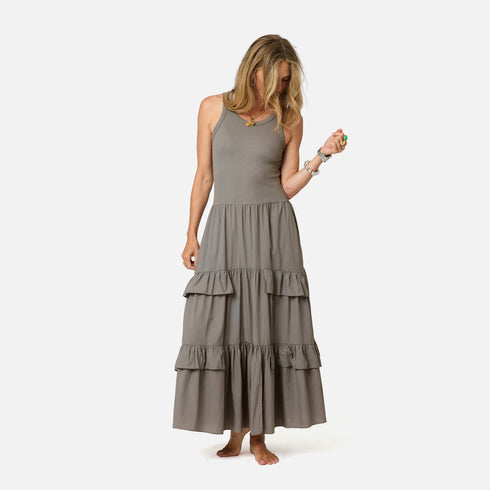 Athena grey ruffle midi dress in 100% cotton - Shop women's cute sleeveless midi dresses by Kerri Rosenthal.