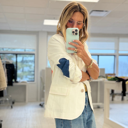Summer cream womens blazer with heart elbow patches - Shop women's casual blazer jackets by Kerri Rosenthal.