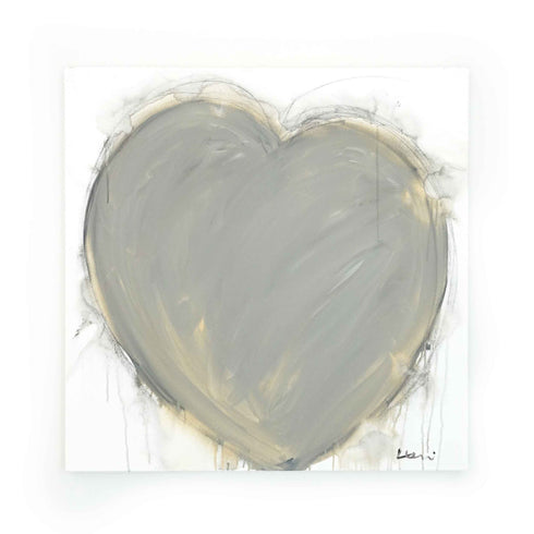 Original monochrome heart in soft dove grey with feathered black edging, sepia washes and running drips on a cream ground