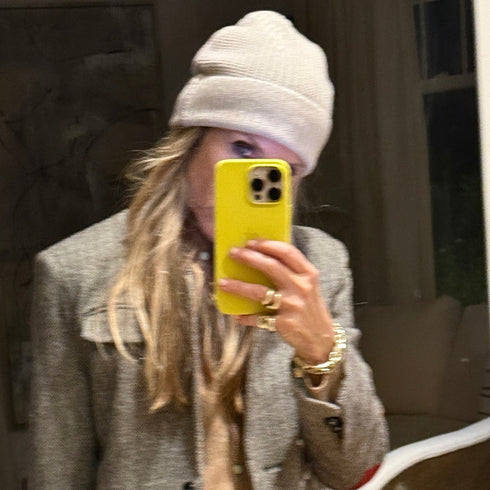 The cream cashmere beanie hat with ribbed knit and a heart patch - Shop cute women’s beanies and hats by Kerri Rosenthal