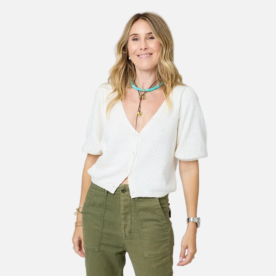 Cream short sleeve cardigan in 100% cotton - Shop women’s cute sweaters by Kerri Rosenthal.