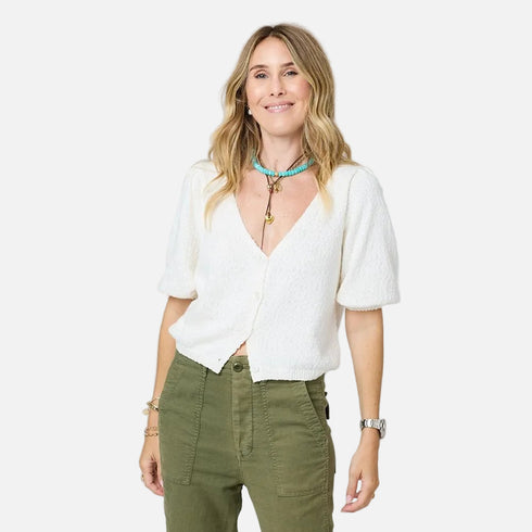 Cream short sleeve cardigan in 100% cotton - Shop women’s cute sweaters by Kerri Rosenthal.