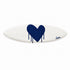 Kerri Rosenthal white surfboard with navy drip heart, displayed horizontally