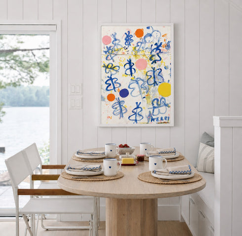 Colorful contemporary abstract butterfly painting by Kerri Rosenthal styled in a modern dining room