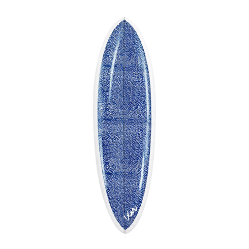 Decorative jayney denim blue surfboard in vibrant coastal charm to any room - Shop surfboards by Kerri Rosenthal