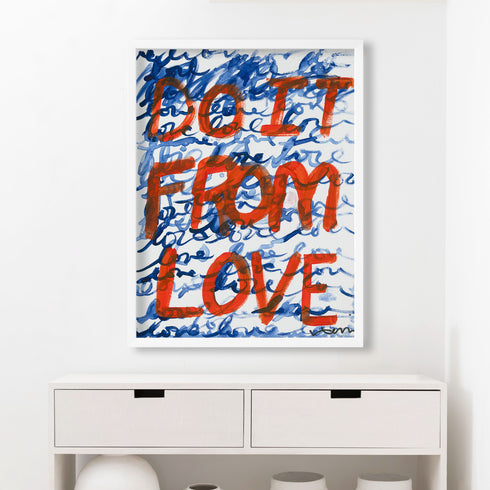 Do It From Love indigo blue, red and white word art print white wood frame wall artwork - Kerri Rosenthal