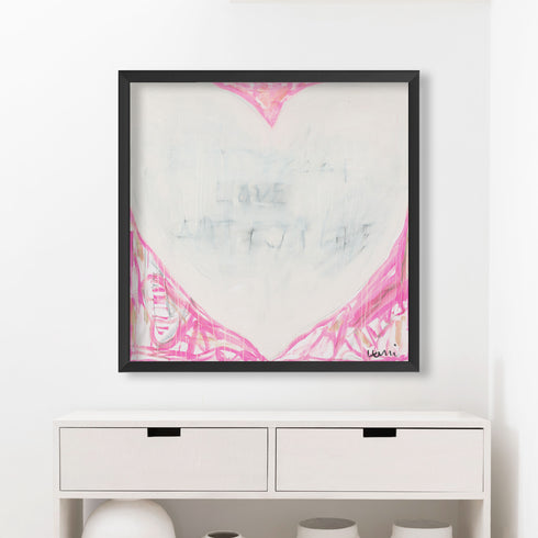 Dreamlove art print transports the viewer to dreamy thoughts with pink tones surrounding a white heart and subtle love word artwork - Perfect wall artwork by Kerri Rosenthal