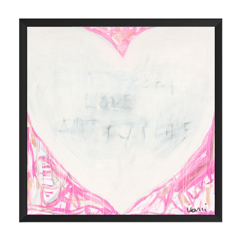 Dreamlove art print transports the viewer to dreamy thoughts with pink tones surrounding a white heart and subtle love word artwork - Perfect wall artwork by Kerri Rosenthal