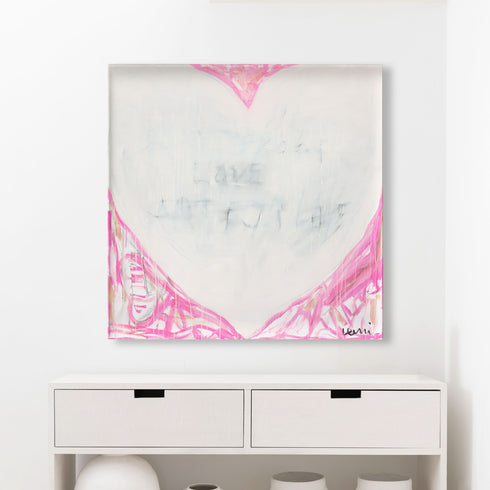 Dreamlove art print transports the viewer to dreamy thoughts with pink tones surrounding a white heart and subtle love word artwork - Perfect wall artwork by Kerri Rosenthal