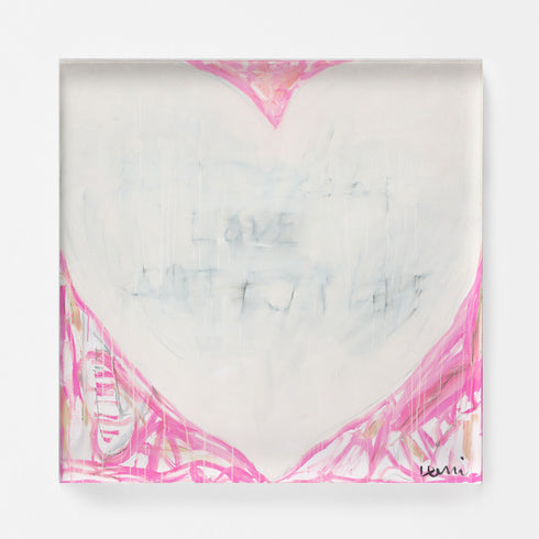 Dreamlove art print transports the viewer to dreamy thoughts with pink tones surrounding a white heart and subtle love word artwork - Perfect wall artwork by Kerri Rosenthal