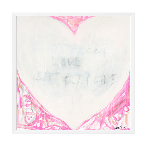 Dreamlove art print transports the viewer to dreamy thoughts with pink tones surrounding a white heart and subtle love word artwork - Perfect wall artwork by Kerri Rosenthal