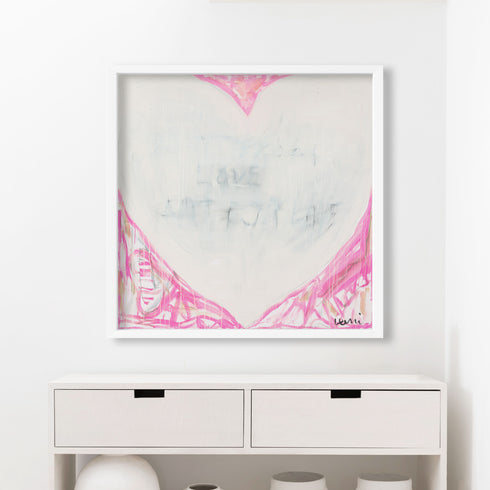 Dreamlove art print transports the viewer to dreamy thoughts with pink tones surrounding a white heart and subtle love word artwork - Perfect wall artwork by Kerri Rosenthal