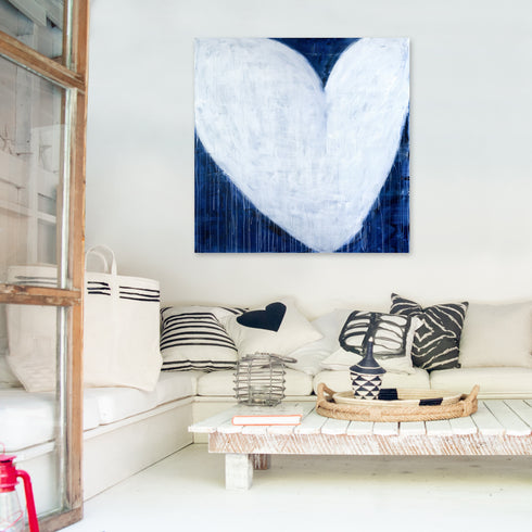 She Will Be Loved Drippy Heart indigo blue art print by Kerri Rosenthal - Unique artwork for living room wall decor