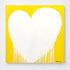 A square canvas painting featuring a large white heart shape with dripping paint details on a bright yellow background, shown against a light gray wall.