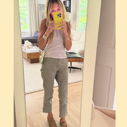Surplus Olive Green Easy Trouser crop straight leg pant zip fly 100% Cotton Made in USA on Kerri Rosenthal, taking a selfie.