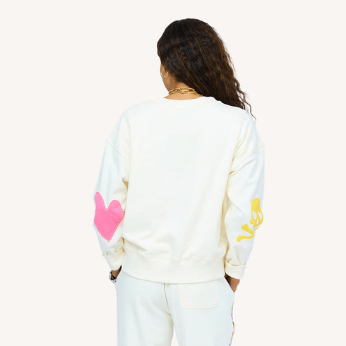 SoulCycle x KR Ex-Boyfriend Soul Brigade off white sweatshirt in 100% cotton fleece with elbow patches by Kerri Rosenthal