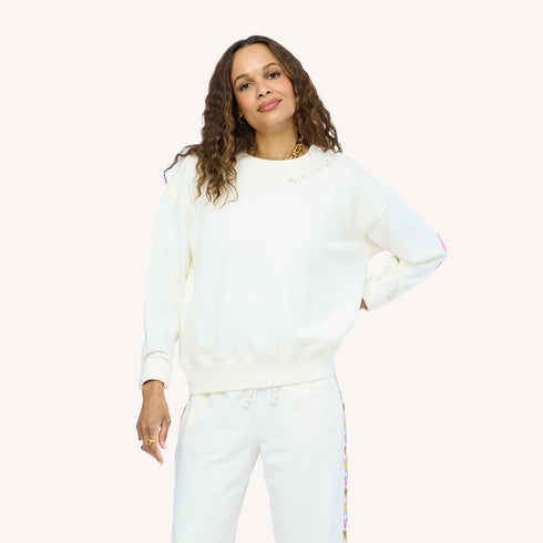 SoulCycle x KR Ex-Boyfriend Soul Brigade off white sweatshirt and sweatpant by Kerri Rosenthal