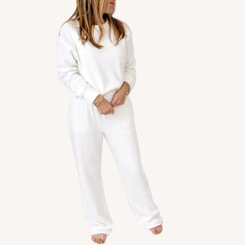 Ex-Boyfriend patchwork white sweatshirt in 100% cotton fleece with white comfy sweatpant by Kerri Rosenthal