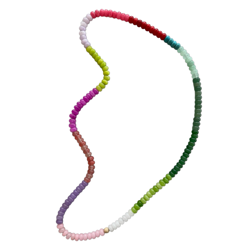 Extended Rainbow Big Necklace made of Agate, aventurine, quartz with a 14K gold bead by Kerri Rosenthal. Handmade in Switzerland