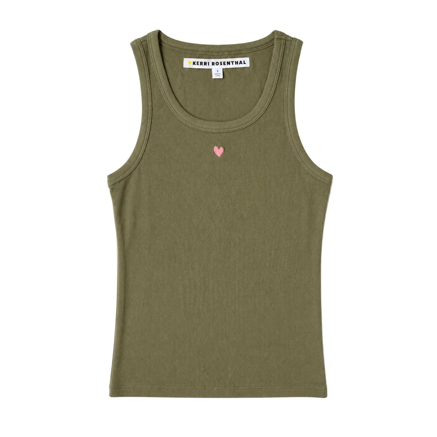 Flat lay of KR ribbed cotton blend army green tank top with a contrast embroidered heart - Cute women's tank tops by Kerri Rosenthal
