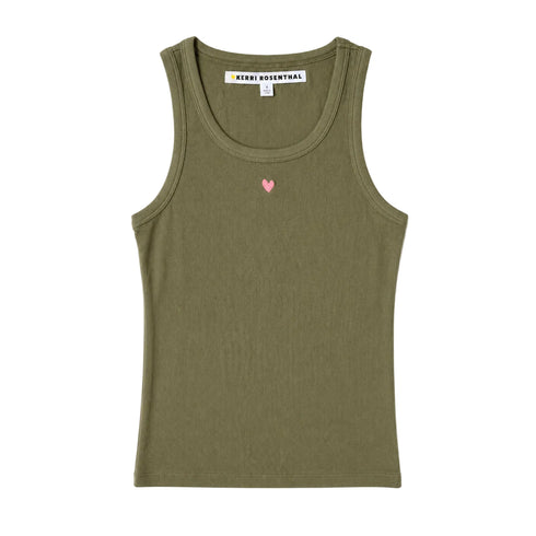 Flat lay of KR ribbed cotton blend army green tank top with a contrast embroidered heart - Cute women's tank tops by Kerri Rosenthal