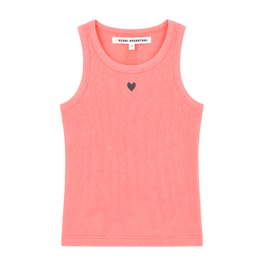 Flat lay of KR ribbed cotton blend pink tank top with a contrast embroidered heart - Cute women's tank tops by Kerri Rosenthal