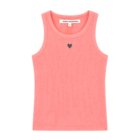 Flat lay of KR ribbed cotton blend pink tank top with a contrast embroidered heart - Cute women's tank tops by Kerri Rosenthal
