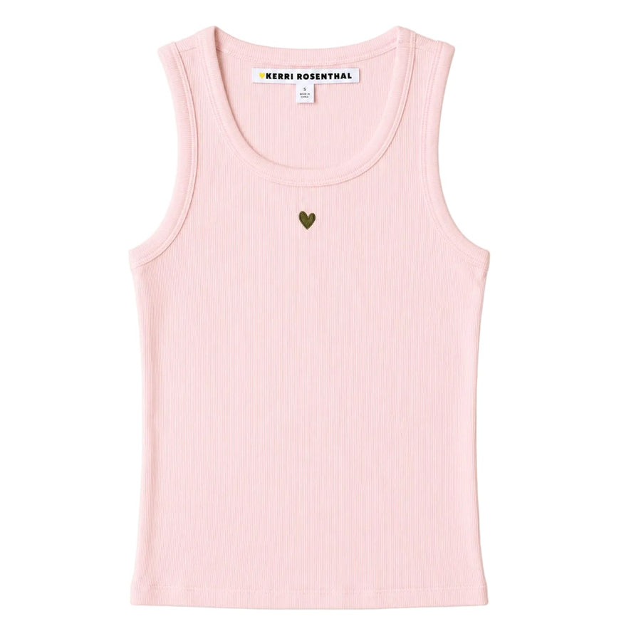 Flat lay of KR ribbed cotton blend pale pink tank top with a contrast embroidered heart - Cute women's tank tops by Kerri Rosenthal