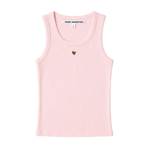Flat lay of KR ribbed cotton blend pale pink tank top with a contrast embroidered heart - Cute women's tank tops by Kerri Rosenthal