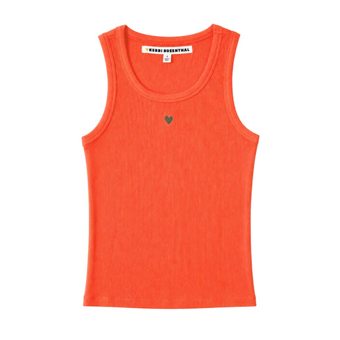 Flat lay of KR ribbed cotton blend red-orange tank top with a contrast embroidered heart - Women's tank tops by Kerri Rosenthal