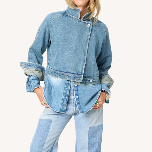 Blue Summer Denim Jacket made of 100% cotton denim with Imperfect heart elbow patches - Cute women's jackets by Kerri Rosenthal