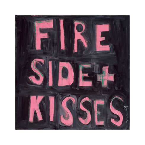 Kerri Rosenthal "Fireside + Kisses" gallery wrapped canvas painting, showing depth and edge detail of pink lettering on black background