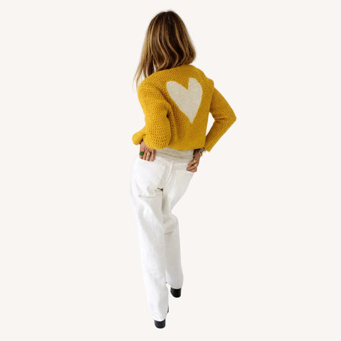 Frankie beau-lero yellow cropped cardigan in crochet cotton with heart - Shop women's cute cardigans by Kerri Rosenthal