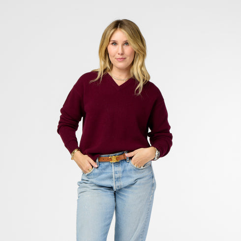 Frenchy cashmere v-neck patchwork pullover burgundy dark red sweater - Cute designer cashmere women's sweaters by Kerri Rosenthal