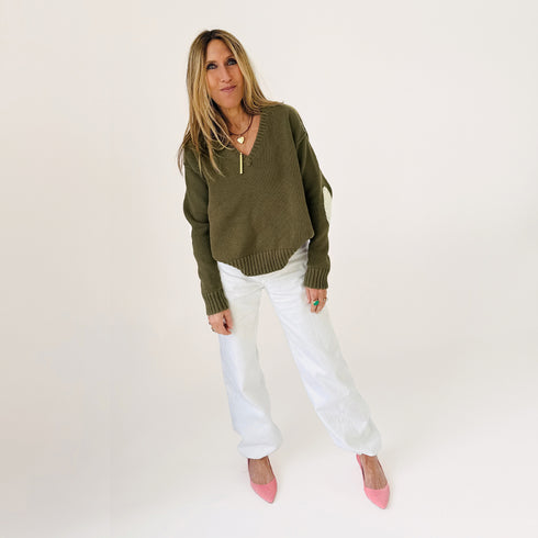Frenchy V-neck cotton knit sweater in army green, featuring contrast heart elbow patches and ribbed cuffs - Shop women's sweaters by Kerri Rosenthal