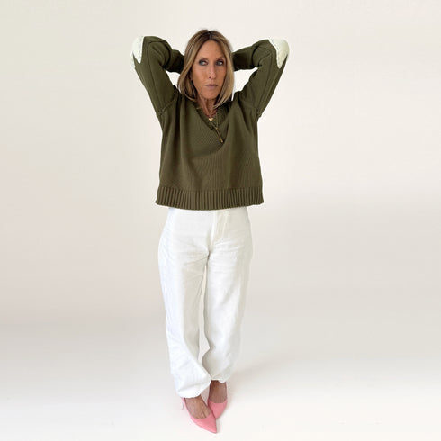 Frenchy V-neck cotton knit sweater in green with contrast heart elbow patches and ribbed cuffs - Shop women's sweaters by Kerri Rosenthal