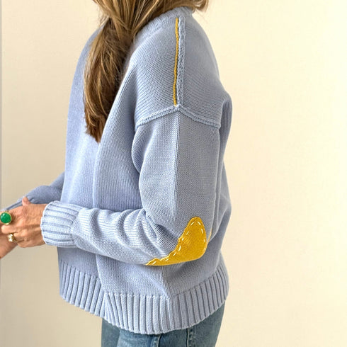 Frenchy french blue womens sweater in 100% cotton knit with heart patchwork by Kerri Rosenthal