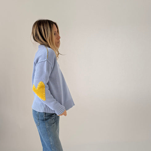 Frenchy v-neck french blue cotton sweater with heart patchwork elbows - Cute women's sweaters by Kerri Rosenthal