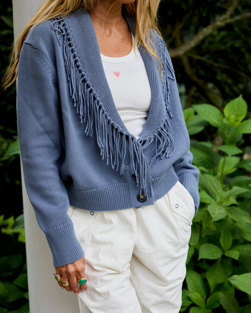 Fringe Shawl Collar Love Cardigan, Denim | Kerri Rosenthal – KERRI