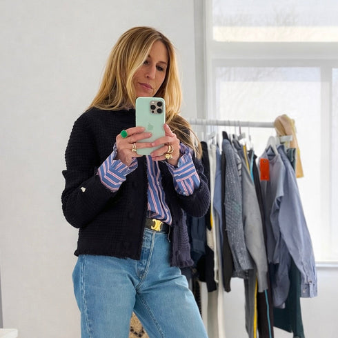 Fringe beau-lero indigo blue cardigan made in 100% cotton with embroidered Imperfect heart by Kerri Rosenthal