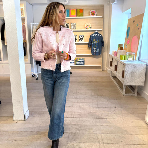 Fringe beau-lero pink open front womens cardigan in 100% cotton by Kerri Rosenthal