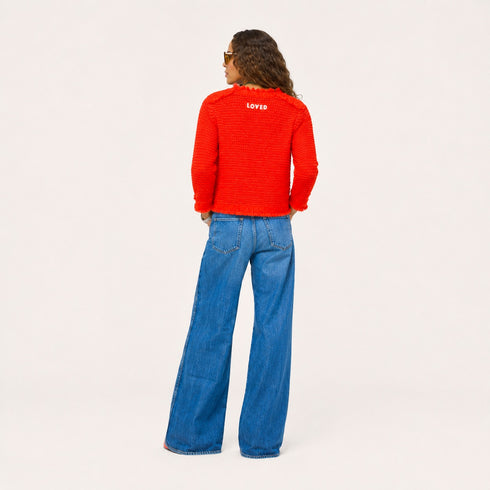 Kerri Rosenthal vermillion boucle tweed fringe jacket back view