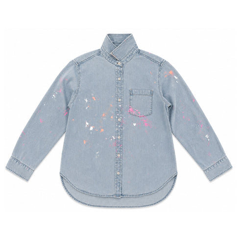 Denim button-down shirt with hand-painted pink, orange, and white paint splatters throughout — Kerri Rosenthal wearable art