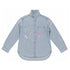 Denim button-down shirt with hand-painted pink, orange, and white paint splatters throughout — Kerri Rosenthal wearable art